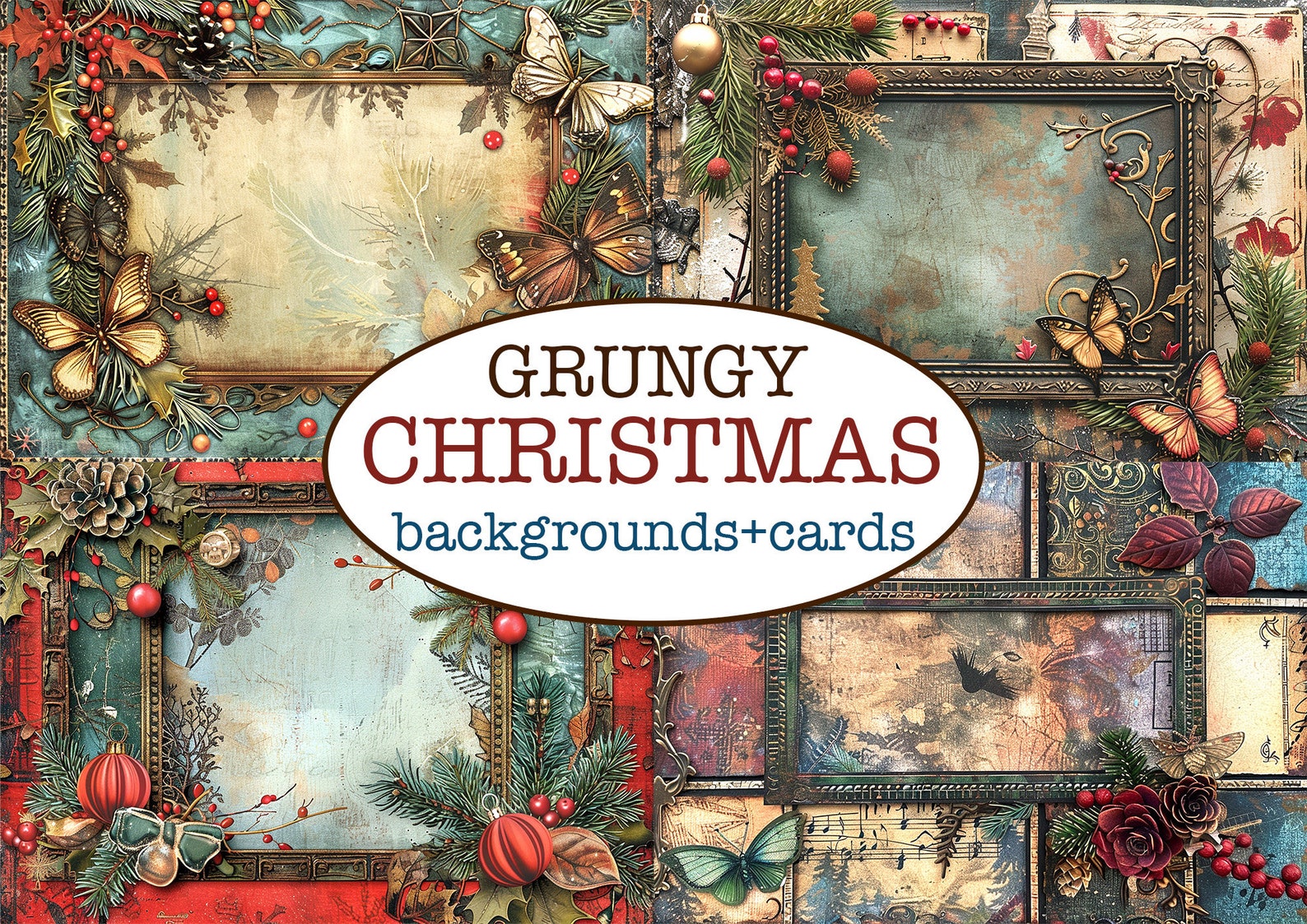 70 Printable GRUNGY CHRISTMAS PAGES 48 Backgrounds + 88 Cards