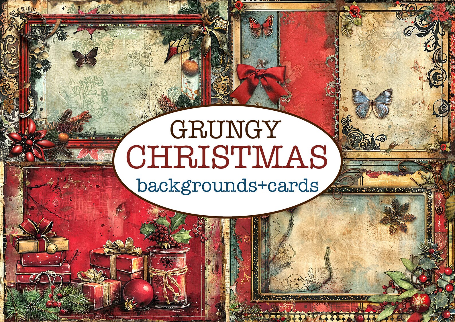 70 Printable GRUNGY CHRISTMAS PAGES 48 Backgrounds + 88 Cards