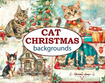 Può includere: Quattro illustrazioni digitali con gatti in scene natalizie. La prima immagine mostra un gatto tigrato marrone seduto di fronte a un albero di Natale decorato. La seconda immagine mostra un gatto tigrato marrone con una sciarpa rossa e bianca e campanelli, seduto di fronte a una scatola regalo avvolta. La terza immagine mostra un gatto bianco e nero seduto di fronte a una casa coperta di neve con una ghirlanda natalizia sulla porta. La quarta immagine mostra quattro gatti seduti a un tavolo con una cena di Natale davanti a loro.