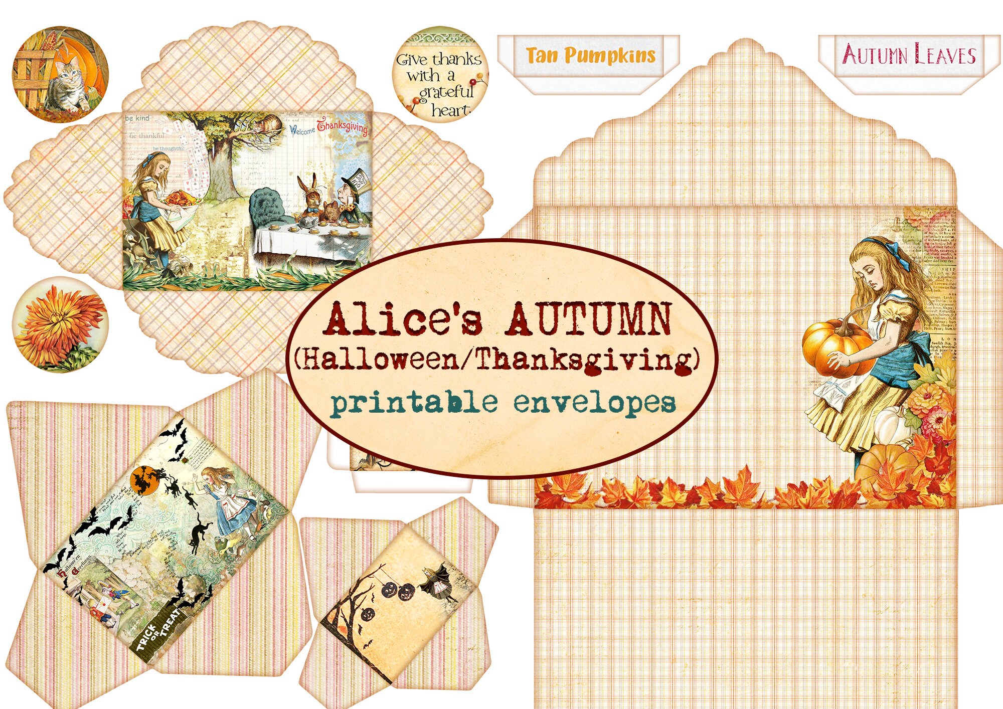 6 LARGE printable envelopes  Alice's Adventures Underground cut out embellishment  Collaged vintage ephemera