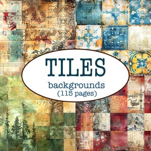 Może przedstawiać: Kolaż różnych wzorów płytek w stylu vintage. Płytki prezentują różnorodne wzory, w tym nuty, motywy kwiatowe i sceny krajobrazowe. Tekst "TILES backgrounds (115 pages)" jest wyświetlany w białym owalu.
