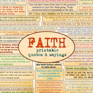 May include: A printable sheet of quotes and sayings about faith. The sheet is beige with a red circle around the word "FAITH" in large letters. The quotes are in a variety of fonts and sizes, and some are highlighted in yellow.