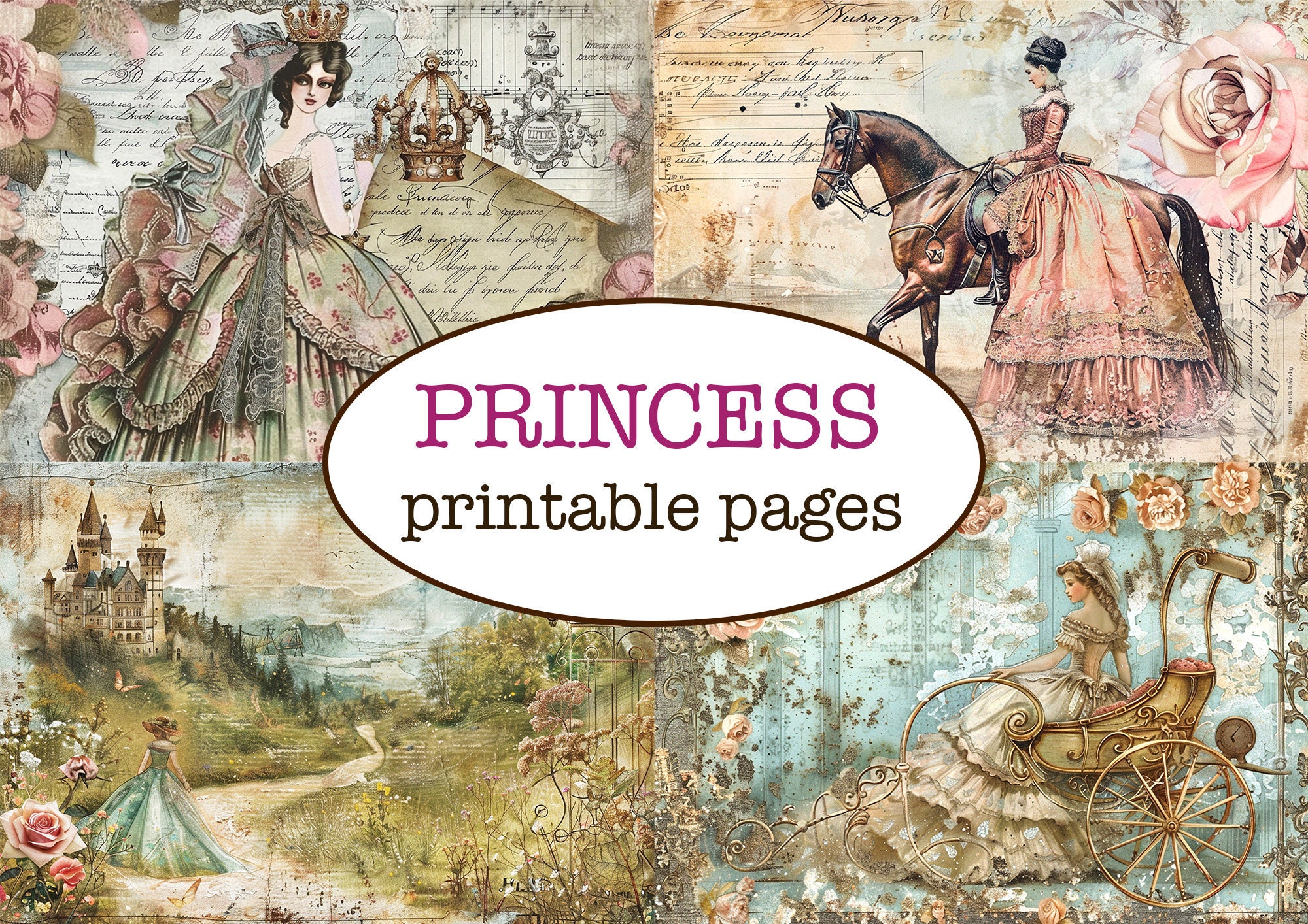 25 Printable PRINCESS Themed PAGES / Romantic Junk Journal ...