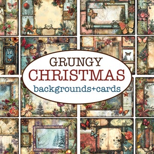 70 afdrukbare GRUNGY KERSTPAGINA'S - 48 achtergronden + 88 kaarten / Afdrukbare Journaling kit / Vintage winterpapier / Kerstkaarten uitknippen