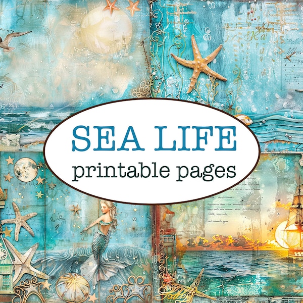 25 printable SEA themed PAGES / Printable Junk journal / Vintage scrapbooking paper / Collaged sea travel background / Whimsical ocean paper
