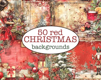 May include: A collage of 50 red Christmas backgrounds featuring images of a woman in a red dress, a Christmas tree, a nutcracker, and a glass of red wine. The text "50 red CHRISTMAS backgrounds" is in the center of the image.