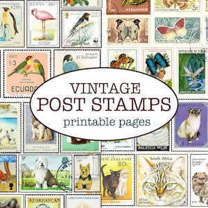 CATS, DOGS, BIRDS, Butterflies Post Stamps - 4 printable pages / Cat ephemera / Vintage mail / Cut out embellishments / Journaling pages