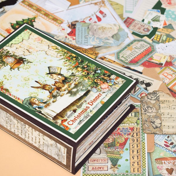 Alice's Christmas in Wonderland handmade junk journal + Embellishment bundle / Vintage scrapbook / OOAK gift / Alice in Wonderland