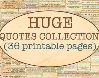 Może przedstawiać: Obraz w stylu vintage z brązową owalną ramką zawierającą tekst "HUGE QUOTES COLLECTION (36 stron do wydruku)". Tło to beżowy papier z kolażem różnych cytatów wydrukowanych różnymi czcionkami i kolorami.