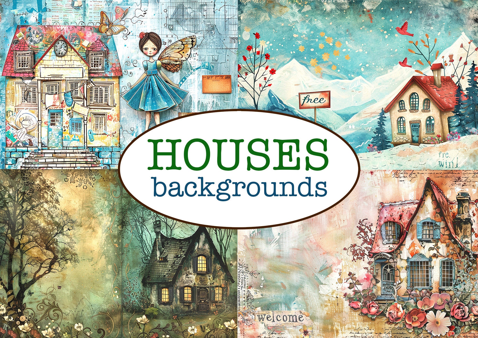25 Printable WHIMSICAL HOUSES Themed PAGES / Printable Junk Journal ...