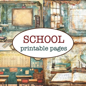 25 PÁGINAS temáticas ESCOLARES imprimibles / Diario basura imprimible / Papel de scrapbooking vintage / Fondos con collage / Papel caprichoso