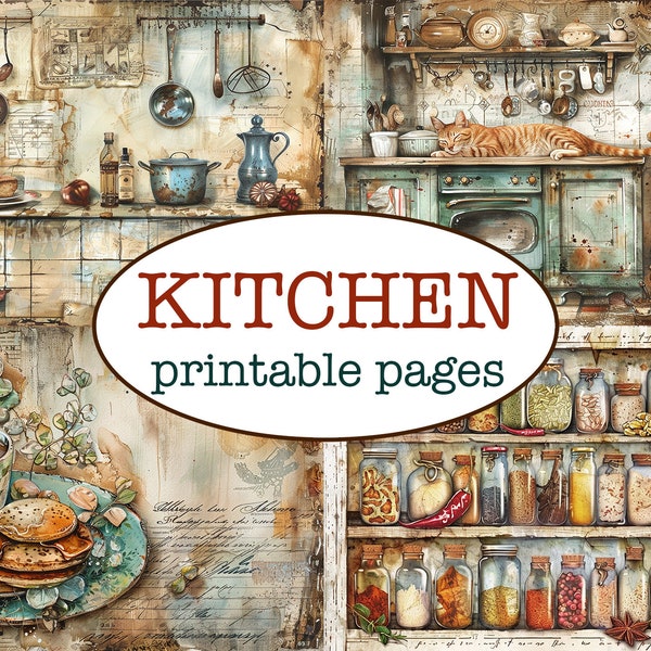 25 printable KITCHEN PAGES / Cooking Junk journal / Scrapbooking paper / Collaged layouts / Whimsical paper