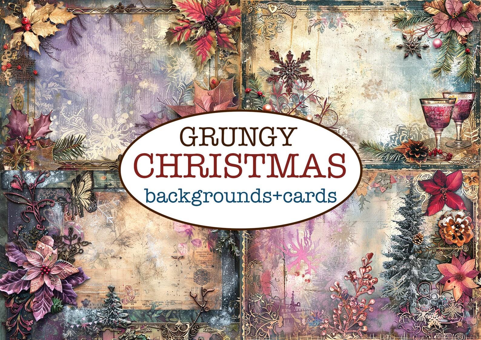 70 Printable GRUNGY CHRISTMAS PAGES 48 Backgrounds + 88 Cards