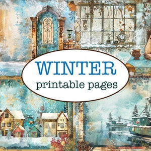 25 PÁGINAS temáticas de INVERNO para impressão / Diário de lixo para impressão / Papel para scrapbooking vintage / Fundo colado / Papel caprichoso de Natal