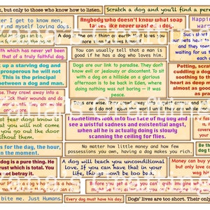 May include: A vintage-style poster with a light brown background and colorful text boxes. The poster features quotes about dogs and their relationship with humans. Some of the quotes include: "Dogs do speak, but only to those who know how to listen." and "Dogs never bite me. Just Humans."