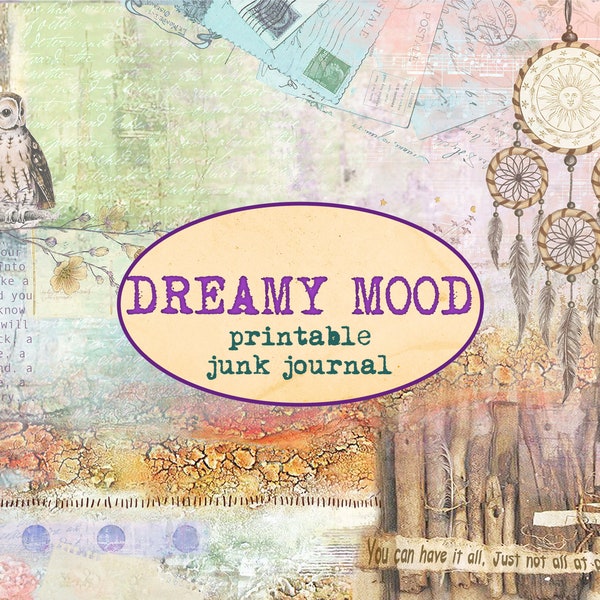 DREAMY junk journal (23 pages) / Scrapbooking digital paper pack / Printable cut out ephemera, tags, stamps, cards, tokens, envelopes.