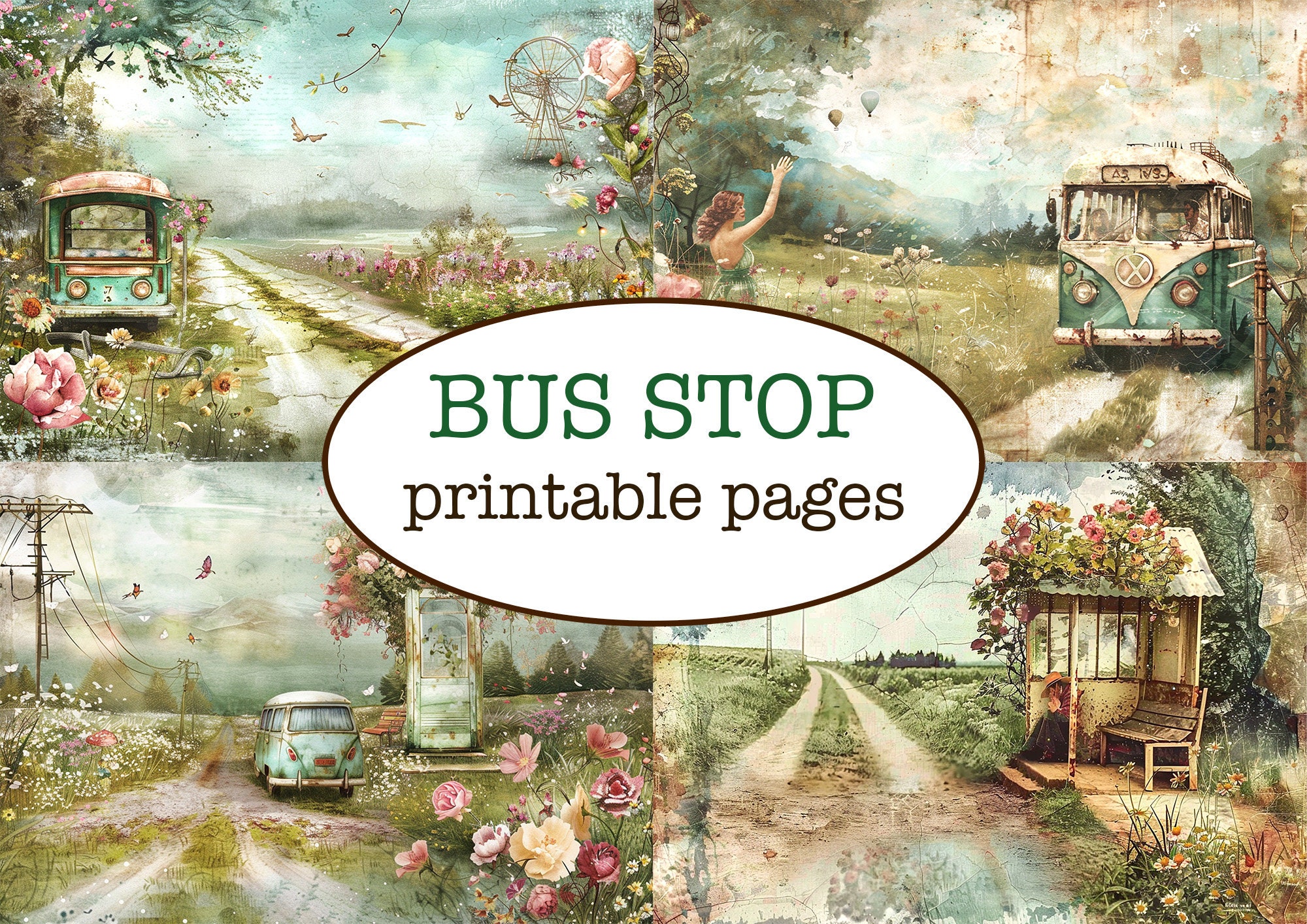 25 Printable BUS STOP Themed PAGES / Travel Junk Journal / Scrapbooking ...