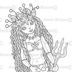 Mermaids Dolls, Coloring Page, Line Art, Printable Download, Patchwork Art, Mermaid Doll by Annie Brown (Hand-Drawn Illustration)