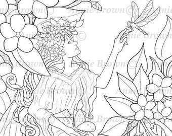 Fairies Coloring Page, Fantasy Art, Printable Download, Line Art, Coloring, Dragonfly Fairy by Annie Brown (Hand-Drawn Illustration)