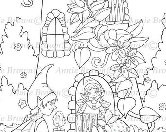 Fairy Home Coloring Page, Fantasy, Printable Download, Line Art, Strawberry Fairies - Close -up - by Annie Brown (Hand-Drawn Illustration)