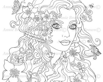 Fantasy Girl, Adult Coloring Page, Fantasy, Printable Download, Line Art, Serenity by Annie Brown (Hand-Drawn Illustration)