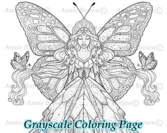 Grayscale Coloring Page, Fairies, Butterfly Wings, Printable Download, Coloring, Fairy Queen by Annie Brown (Hand-Drawn Illustration)