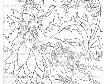 Fairies Coloring Page, Fantasy Art, Printable Download, Line Art, Coloring, Baby Fairy by Annie Brown (Hand-Drawn Illustration)