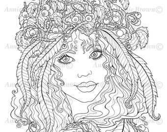 Page de coloriage, téléchargement imprimable, page de coloriage fantastique, dessin au trait, Blueberry Maiden par Annie Brown (illustration dessinée à la main)