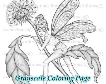 Grayscale Coloring Page, Flower, Printable Download, Fantasy, Coloring Page, Fairies, Pixie Fairy by Annie Brown (Hand-Drawn Illustration)