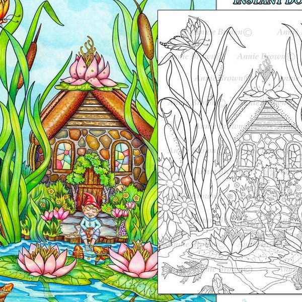 Coloriage adulte, téléchargement imprimable, art fantastique, coloriage, dessin au trait, maison de nénuphar de fée par Annie Brown (illustration dessinée à la main)