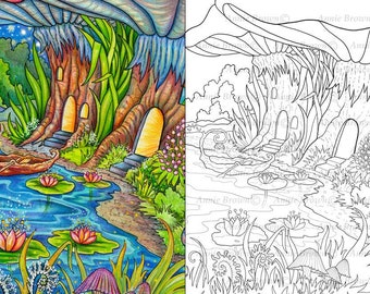 Fairy Home Coloring Page, Fantasy Art, Printable Download, Line Art, Coloring, Night Journey by Annie Brown (Hand-Drawn Illustration)