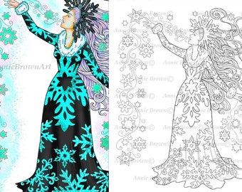 Snow Queen coloring page, line art, Snow Flakes, instant download, Fantasy, Snowflake Princess by Annie Brown (Hand-Drawn Illustration)