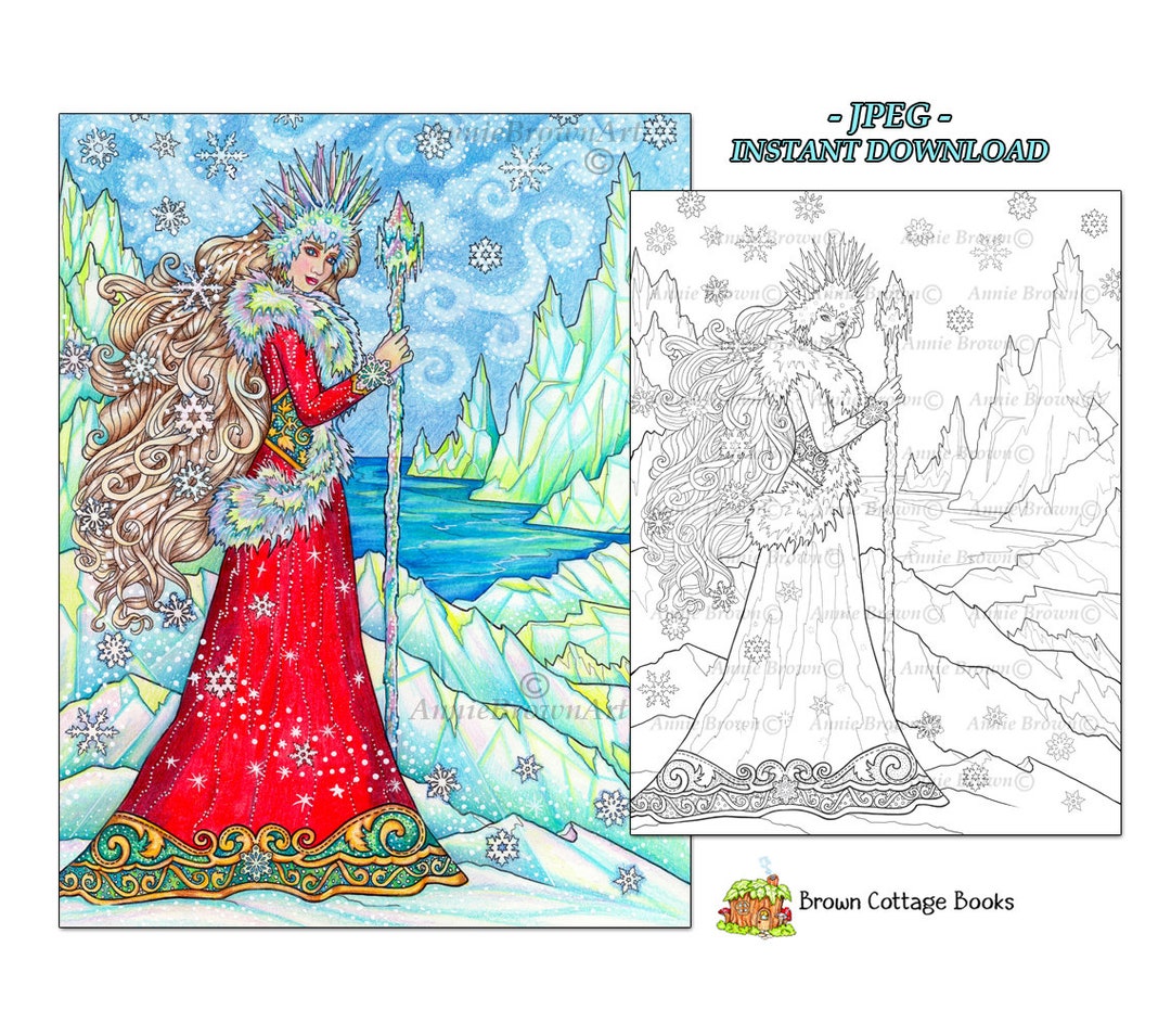 Adult Coloring Page Snow Queen Line Art Fantasy Artwork Etsy