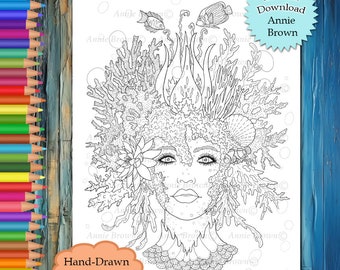 Mermaid coloring page, line art, instant download, printable, sirens, mermaids, Coral Reef Mermaid by Annie Brown (Hand-Drawn Illustration)