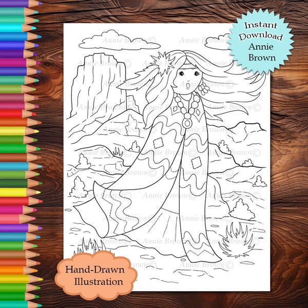 Native Girl Coloring, Desert Scene, Printable Download, Coloring Pages, Line Art, Southwest Mesa by Annie Brown (Hand-Drawn Illustration)