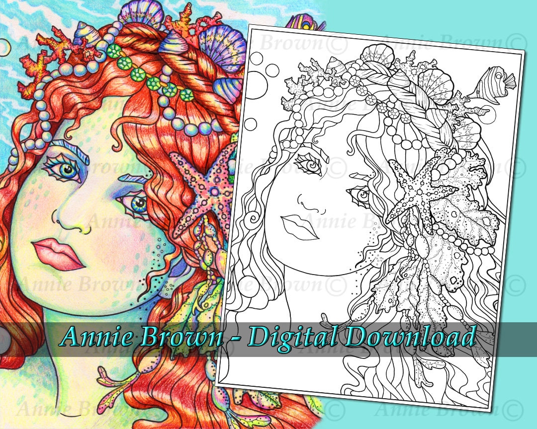 Mermaid Coloring Page Fantasy Art Printable Download Line - Etsy