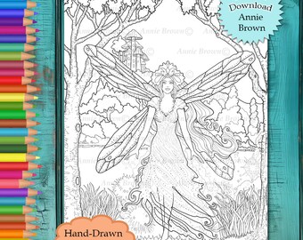 Fairy Coloring Page, Fantasy Art, Printable Download, Line Art, Coloring, Fairies In The Woods by Annie Brown (Hand-Drawn Illustration)