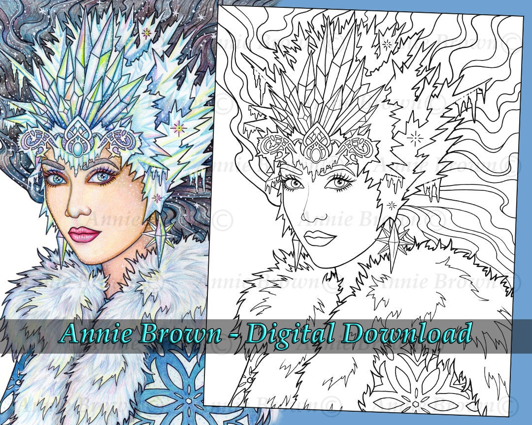 Download Snow Queen Adult Coloring Page Line Art Fantasy Printable Download Snow Queen Crown by Annie Brown