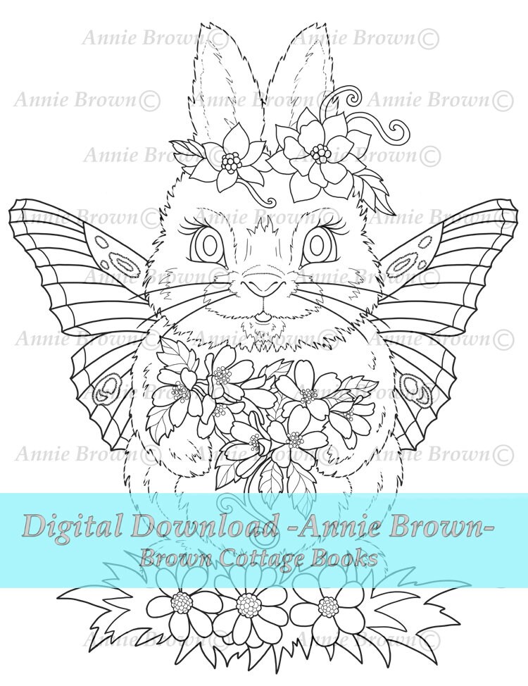 Rabbits Coloring Page, Fantasy Animals, Line Art, Instant Download