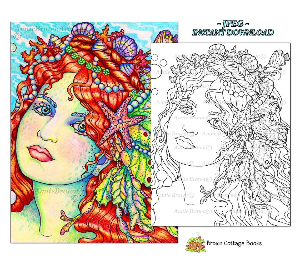 Mermaid Coloring Page Fantasy Art Printable Download Line - Etsy