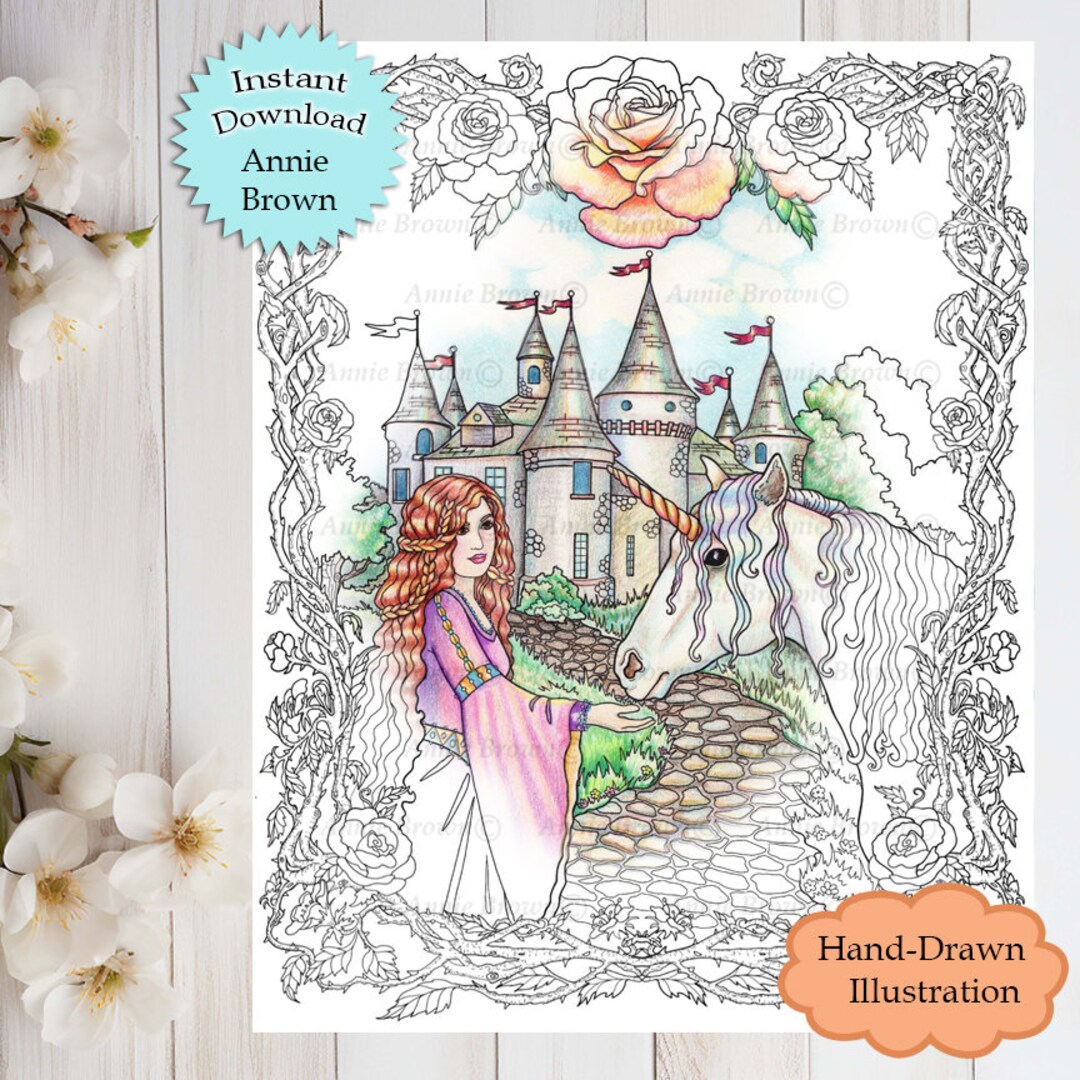 Unicorn Princess Coloring Page Instant Download Printable File Line Art