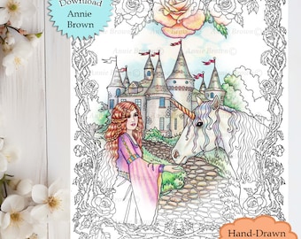 Unicorns Coloring Page, Fantasy Art, Printable Download, Line Art, Castles, Unicorn Princess by Annie Brown (Hand-Drawn Illustration)