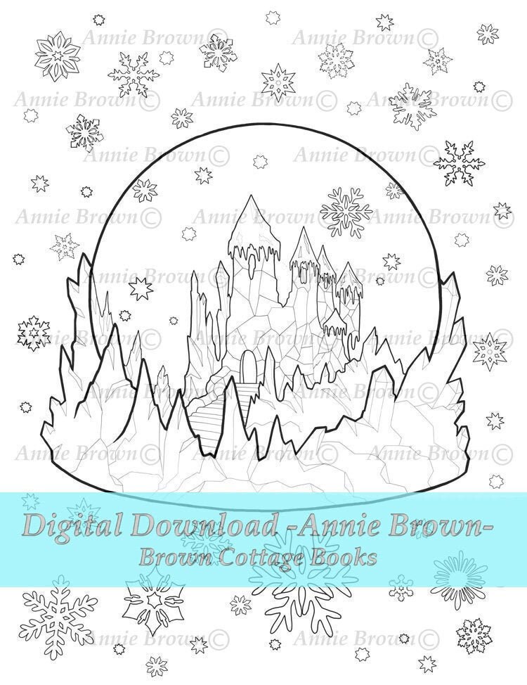 Christmas coloring page, instant download, line art, printable, holiday coloring, Snow Globe Castle by Annie Brown
