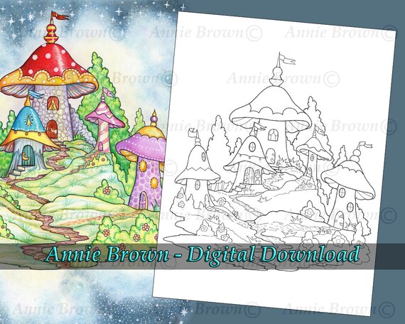 Fairies Coloring Pages Fairyland Mushroom Village Digi Stamp Etsy Fairies Coloring Pages Fairyland Mushroom Village Digi Stamp Etsy