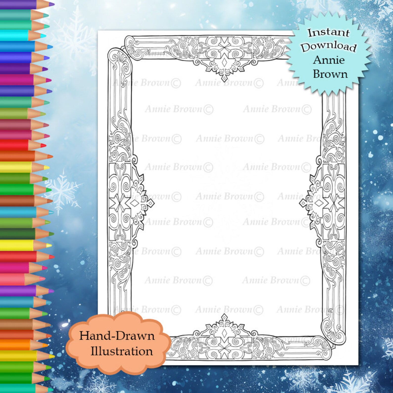 Border Adult Coloring Page Fantasy Printable Download Line Art Ice Border Stationary by Annie ...