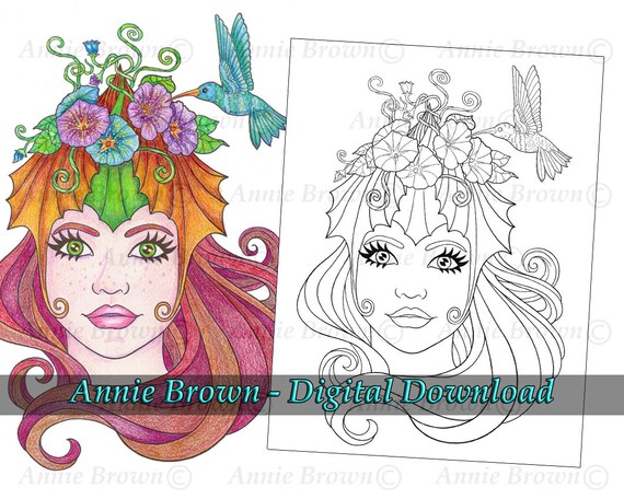 Adult Coloring Pages Fantasy Hummingbird Maiden Printable Etsy