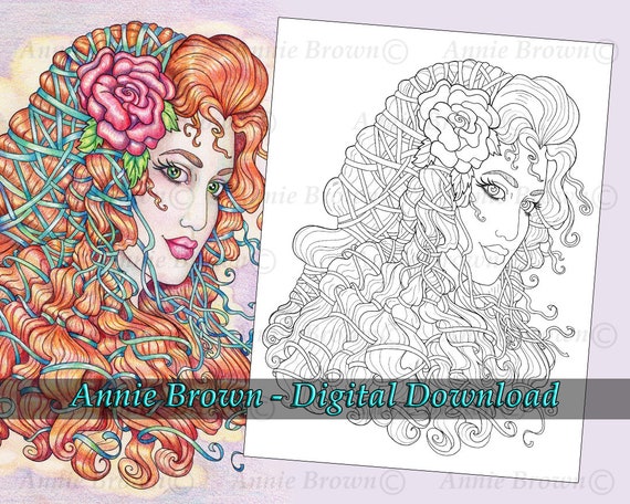 Flower Maiden Coloring Page Fantasy Art Printable Download | Etsy