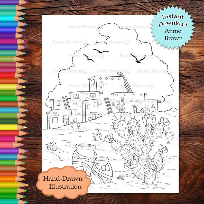 Pueblo Coloring Page, Desert Scene, Printable Download, Coloring Pages ...