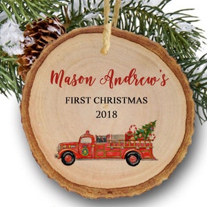 Baby's first Christmas ornament, Vintage fire truck ornament,Christmas ornament,Personalized Christmas ornament,Custom ornament, wood slice