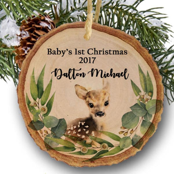 Baby's first Christmas ornament,Christmas ornament,Personalized Christmas ornament,Baby's first Christmas, Baby deer, woodland, tree slice